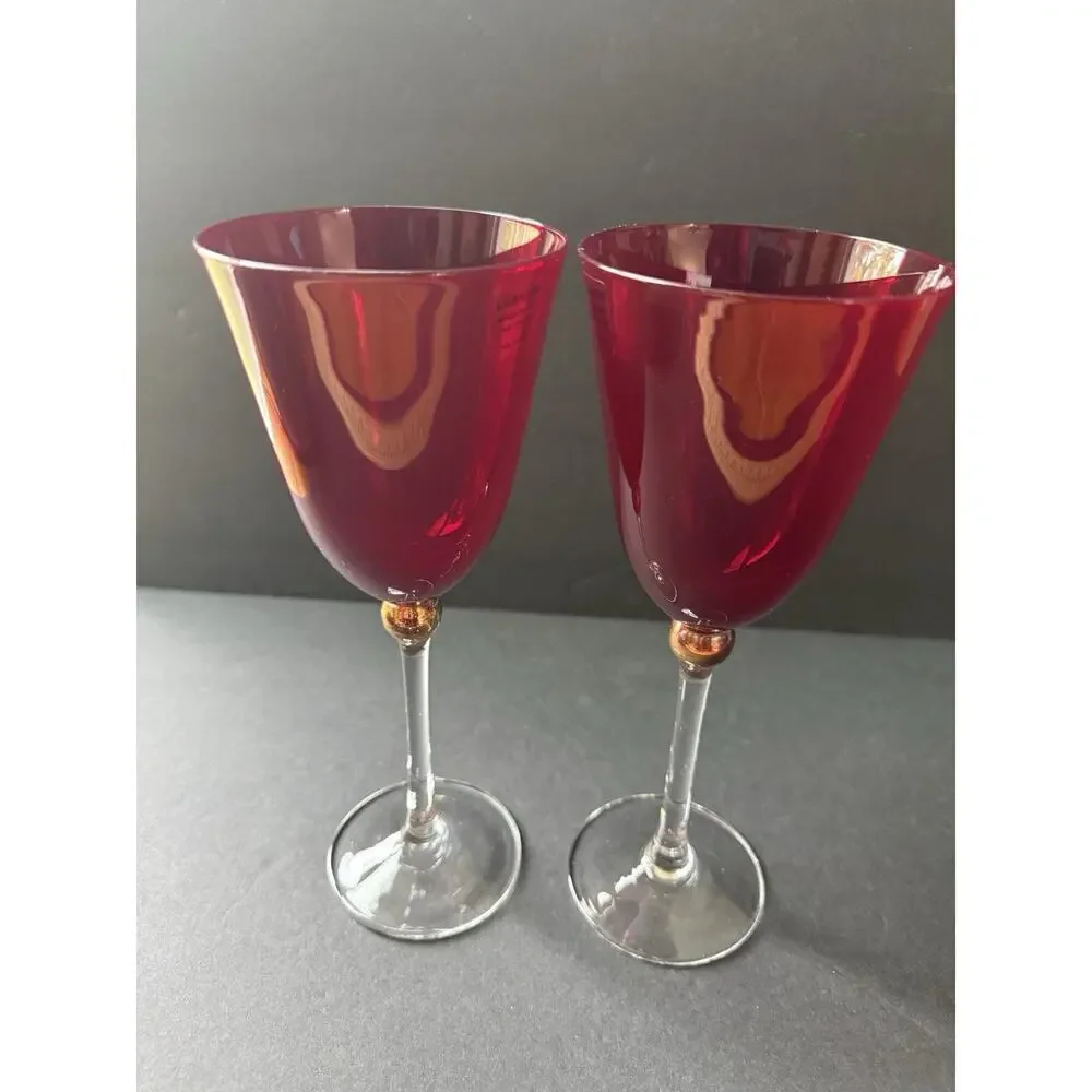 Gorham Touch Of Gold Glass Goblets Berry Red Clear Stem Set (2) Modernist MCM 9”